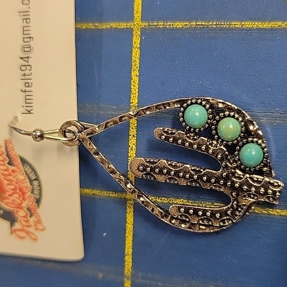 Silver Tone and Turquoise Cactus 1.25"  Earrings - Picture 2 of 2